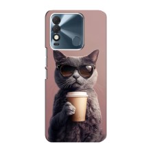 Чехол с принтом стильные животные для Техно Спарк 8 (Кот с кофе)