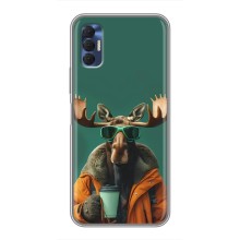 Чехол с принтом стильные животные для Техно Спарк 8Р (Лось с кофе)