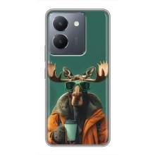 Чехол с принтом стильные животные для Виво У36 (Лось с кофе)