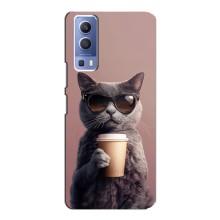 Чехол с принтом стильные животные для Виво у72 – Кот с кофе