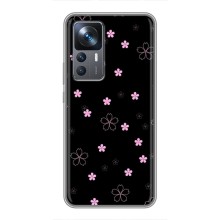 Чехол с розовым рисунком для Xiaomi 12T (Розовые цветы на черном)