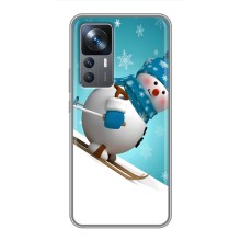Новогодние Чехлы для Сяоми 12Т (VPrint) (Снеговик на лыжах)