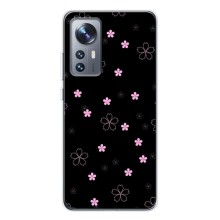 Чехол с розовым рисунком для Xiaomi 12 / 12X (Розовые цветы на черном)