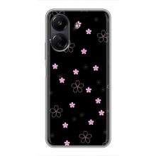 Чехол с розовым рисунком для Xiaomi POCO C65 (Розовые цветы на черном)