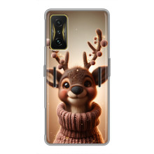 Яркий чехол для Xiaomi POCO F4 GT с Зимними Оленятами – Олень в свитере