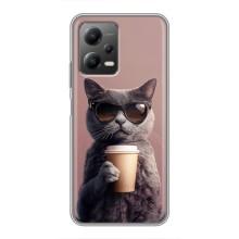 Чехол с принтом стильные животные для Поко Х5 (5Джи) (Кот с кофе)