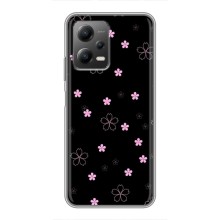Чехол с розовым рисунком для Xiaomi POCO X5 (5G) (Розовые цветы на черном)