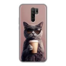 Чехол с принтом стильные животные для Редми 9 (Кот с кофе)