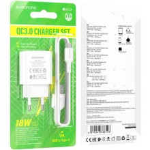 СЗУ Borofone BA72A Spring QC3.0 (1USB-A) + кабель USB to Type-C – Белый