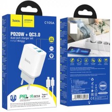 СЗУ Hoco C105A Stage PD20W+QC3.0 (1USB-A/1C) + кабель Type-C to Lightning – Белый