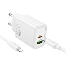 МЗП Hoco N63 Gentle PD30W+QC3.0 (1USB-A/1C) + кабель Type-C to Lightning – Білий