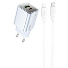 СЗУ Hoco N46 Glorious PD20W+QC3.0 (1USB-A/1C) + кабель Type-C to Lightning – Голубой