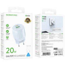 СЗУ Borofone BA93A Lustrous PD20W+QC3.0 (1USB-A/1C) + кабель Type-C to Type-C – Голубой