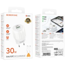 СЗУ Borofone BA94A Lustrous PD30W+QC3.0 (1USB-A/1C) + кабель Type-C to Lightning – Белый