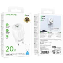 МЗП Borofone BA93A Lustrous PD20W+QC3.0 (1USB-A/1C) + кабель Type-C to Type-C – Білий