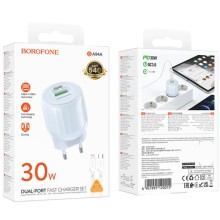 СЗУ Borofone BA94A Lustrous PD30W+QC3.0 (1USB-A/1C) + кабель Type-C to Lightning – Голубой