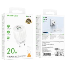 СЗУ Borofone BA93A Lustrous PD20W+QC3.0 (1USB-A/1C) + кабель Type-C to Lightning – Белый