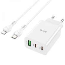 СЗУ Hoco C99A PD20W+QC3.0 (1USB/2Type-C/3A) + Type-C to Lightning – Белый