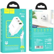 СЗУ Hoco C99A PD20W+QC3.0 (1USB/2Type-C/3A) + Type-C to Lightning – Белый