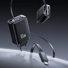 МЗП Usams US-CC299 GaN With Retractable Type-C Cable Xiang Ser. 65W (1USB-A/1C) – Чорний