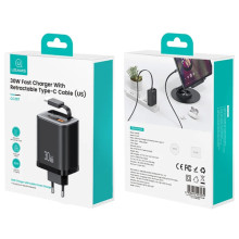 МЗП Usams US-CC296 GaN With Retractable Type-C Cable Xiang Ser. 30W (1USB-A/1C) – Чорний
