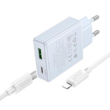 МЗП Hoco C142A Direct PD20W+QC3.0 (1USB-A/1C) + кабель Type-C to Lightning – Блакитний