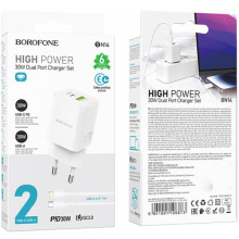 СЗУ Borofone BN14 Royal PD30W+QC3.0 (1USB-A/1C) + кабель Type-C to Lightning – Белый