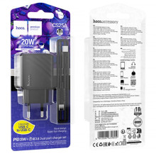 СЗУ Hoco CS25A Rico PD20W+QC3.0 (1USB-A/1C) + кабель Type-C to Type-C – Черный