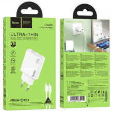 СЗУ Hoco C142A Direct PD20W+QC3.0 (1USB-A/1C) + кабель Type-C to Lightning – Белый