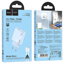 СЗУ Hoco C142A Direct PD20W+QC3.0 (1USB-A/1C) + кабель Type-C to Lightning – Голубой