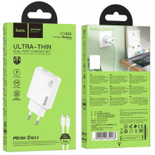 СЗУ Hoco C142A Direct PD20W+QC3.0 (1USB-A/1C) + кабель Type-C to Type-C – Белый