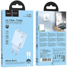 СЗУ Hoco C142A Direct PD20W+QC3.0 (1USB-A/1C) + кабель Type-C to Type-C – Голубой