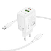 СЗУ Borofone BN29 Fuente PD30W+QC3.0 (1USB-A/1C) + кабель Type-C to Lightning – Белый