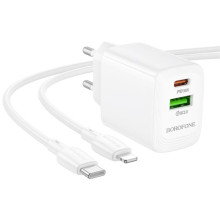 СЗУ Borofone BN29 Fuente PD30W+QC3.0 (1USB-A/1C) + кабель Type-C to Lightning – Белый