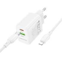 СЗУ Borofone BN27 Fuente PD20W+QC3.0 (1USB-A/1C) + кабель Type-C to Lightning – Белый