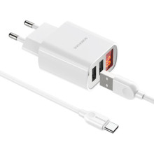МЗП Borofone BA58A with digital display 2.4A (2USB-A) + кабель USB to Type-C – Білий