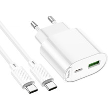 МЗП Hoco C109A Fighter PD20W+QC3.0 (1USB-A/1C) + кабель Type-C to Type-C – Білий
