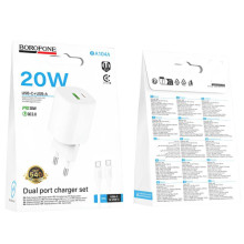 МЗП Borofone BA104A Pudding PD20W+QC3.0 (1USB-A/1C) + кабель Type-C to Type-C – Білий