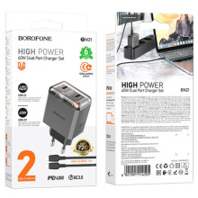 МЗП Borofone BN21 Lena PD40W+QC3.0 (2USB-C) + кабель Type-C to Type-C – Сірий