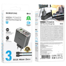 МЗП Borofone BN22 Lena PD65W (1USB-A/2C) + кабель Type-C to Type-C – Сірий