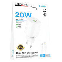 МЗП Borofone BA104A Pudding PD20W+QC3.0 (1USB-A/1C) + кабель Type-C to Lightning – Білий