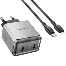 МЗП Borofone BN21 Lena PD40W+QC3.0 (2USB-C) + кабель Type-C to Lightning – Сірий