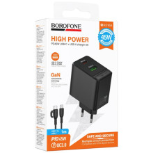 СЗУ Borofone BAS16A Erudite PD45W+QC3.0 (1USB-A/1C) + кабель Type-C to Type-C – Черный