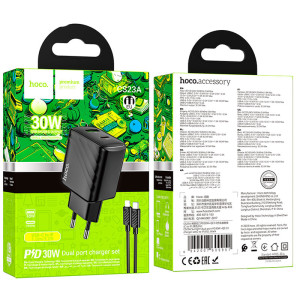 МЗП Hoco CS23A Sunlight PD30W+QC3.0 (1USB-A/1C) + кабель Type-C to Lightning – Чорний