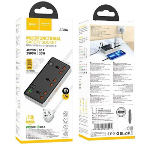 Подовжувач Hoco AC8A Storm (PD30W/1C/3A/3xSocket) (1.5m) – Чорний