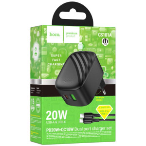МЗП Hoco CS101A Folding PD20W+QC3.0 (1USB-A/1C) + кабель Type-C to Type-C – Чорний