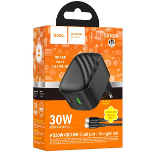 МЗП Hoco CS102A Folding PD30W+QC3.0 (1USB-A/1C) + кабель Type-C to Type-C – Чорний