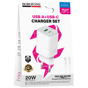 МЗП Borofone BAS83A Star PD20W+QC3.0 (1USB-A/1C) + кабель Type-C to Lightning