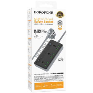 Подовжувач Borofone BAC2 Leya (3USB-A/1C/3xSocket) (1.5m) – Чорний