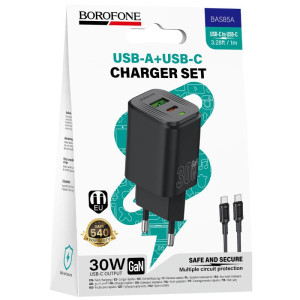 СЗУ Borofone BAS85A Star PD30W+QC3.0 (1USB-A/1C) + кабель Type-C to Type-C – Черный